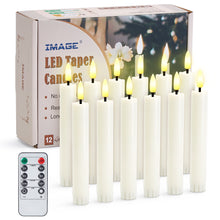Load image into Gallery viewer, IMAGE 12 Pcs Battery Operated Taper Candles 3D Wick Ivory Taper Flameless Candles with 10 Keys Remote and Timer, Flickering Flameless Taper Candles Warm White