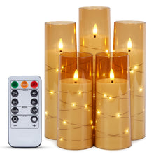 Load image into Gallery viewer, Flickering Flameless Candles Battery Operated, Acrylic Shell Pillar 3D Wick LED Candles with 11-Key Remote Control Timer for Wedding Christmas Home Decor Set of 5, Gold