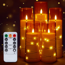 Load image into Gallery viewer, Flickering Flameless Candles Battery Operated, Acrylic Shell Pillar 3D Wick LED Candles with 11-Key Remote Control Timer for Wedding Christmas Home Decor Set of 5, Gold