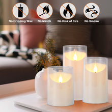 Load image into Gallery viewer, IMAGE 3 Pack Flickering Flameless Candles Acrylic Shell 3D Wick LED Pillar Candles with Remote Control Timer for Wedding Christmas Home Decor, White