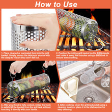 Load image into Gallery viewer, Grill Basket, IMAGE Round Hole Rolling Grilling Baskets for Outdoor Grill Portable Grill Nets Cylinder with Reinforced Locking Clasp, 2-Pack 12 in Stainless Steel Grill Mesh Barbeque Grill Accessories
