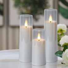 Load image into Gallery viewer, IMAGE Flickering Flameless Candles Acrylic Shell Pillar 3D Wick LED Candles with Timer for Wedding Christmas Home Decor Set of 5 White