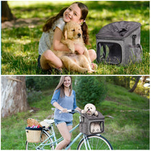 Load image into Gallery viewer, Ownpets Pet Bike Basket, Foldable Waterproof Dog Bike Basket Carrier with Mesh Windows & Adjustable Safety Straps for Small, Medium Dogs & Cats, Muti-Purpose Dog Bag Carrier for Cycling, Walking, Hiking, Car Travel & More