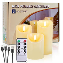 Load image into Gallery viewer, Rechargeable Pillar Candles, Type-C Charging Port Flickering Flameless Candles Set of 3, Realistic Black Wick LED Wax-like Material Candles with Remote and Timer, Battery Operated Candles for Home, Wedding, Birthday Decoration