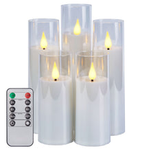 Load image into Gallery viewer, IMAGE Flickering Flameless Candles Acrylic Shell Pillar 3D Wick LED Candles with Timer for Wedding Christmas Home Decor Set of 5 White
