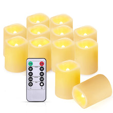 Load image into Gallery viewer, IMAGE Flameless Votive Candles 12 Pack 1.5 x 2 Inch Flickering 3D Wicks Battery Operated Candles, 250+ Hours Long Lasting LED Tea Lights with Remote Timer for Christmas Wedding Home Decor, Warm Yellow