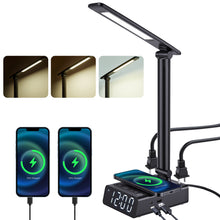 Load image into Gallery viewer, IMAGE LED Desk Lamp with Wireless Charging, Adjustable Brightness & Foldable Design, Touch Control, USB Charging Port, Dual Alarm Clock and Time Display – Multi-Function Table Lamp for Home, Office, Dorm, or Bedside