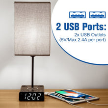 Load image into Gallery viewer, 3-in-1 Table Lamp Bedside Lamp with Wireless Charger USB Ports and AC Power Outlets Alarm Clock for Bedrooms Living Room