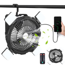 Load image into Gallery viewer, Rechargeable Outdoor Camping Fan 8000mAh Battery Powered Tent Fan with LED Light & Hook, Portable for Picnics, BBQ, Fishing, Travel, Construction