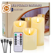Load image into Gallery viewer, Rechargeable Pillar Candles, Type-C Charging Port Flickering Flameless Candles Set of 3, Realistic Black Wick LED Wax-like Material Candles with Remote and Timer, Battery Operated Candles for Home, Wedding, Birthday Decoration