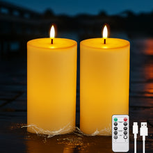 Load image into Gallery viewer, IMAGE 4"x8" Ivory White Outdoor Waterproof Flameless Candles with Timer & Remote Control, Rechargeable LED Pillar Candles for Lanterns, Porch, Flickering & Long Lasting, Set of 2