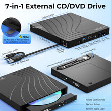 Load image into Gallery viewer, AGPtEK 7 in 1 External CD/DVD Drive for Laptop, USB 3.0 Slim DVD Burner with Ethernet Adapter, USB Ports and TF/SD Card Slots, CD/DVD Player Reader/Writer for Laptop, PC, MacBook, Windows Linux Mac OS