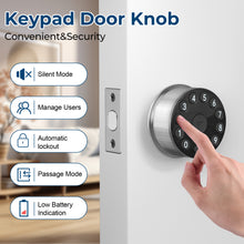 Load image into Gallery viewer, Keypad Door Knob Lock, Electronic Door Handle with Keypad and Key, Automatic Locking, User Managed, 100 Codes, For Office, Warehouse, Bedroom, Garage, Silver