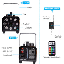Load image into Gallery viewer, HAKUTA 500W Smoke Machine Light Rain and Splash Proof Fog Machine, with 2300 CFM Output of Fog & 2 Remotes, 8 LED Lights with 4 Light Effects for Outdoor Music Festival Pool Party Wedding DJ Stage
