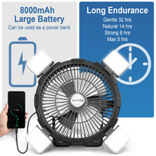 Load image into Gallery viewer, Rechargeable Outdoor Camping Fan 8000mAh Battery Powered Tent Fan with LED Light & Hook, Portable for Picnics, BBQ, Fishing, Travel, Construction