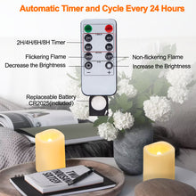 Load image into Gallery viewer, IMAGE Flameless Votive Candles 12 Pack 1.5 x 2 Inch Flickering 3D Wicks Battery Operated Candles, 250+ Hours Long Lasting LED Tea Lights with Remote Timer for Christmas Wedding Home Decor, Warm Yellow