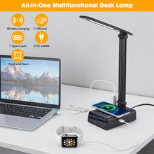 Load image into Gallery viewer, IMAGE LED Desk Lamp with Wireless Charging, Adjustable Brightness & Foldable Design, Touch Control, USB Charging Port, Dual Alarm Clock and Time Display – Multi-Function Table Lamp for Home, Office, Dorm, or Bedside