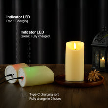 Load image into Gallery viewer, Rechargeable Pillar Candles, Type-C Charging Port Flickering Flameless Candles Set of 3, Realistic Black Wick LED Wax-like Material Candles with Remote and Timer, Battery Operated Candles for Home, Wedding, Birthday Decoration