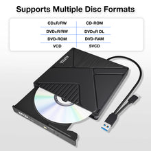 Load image into Gallery viewer, AGPTEK External USB 3.0 CD DVD Drive External CD DVD +/-RW Drive for Laptop Mac PC with 2-in-1 USB-A USB-C Cable, Plug and Play, Supports CD/DVD Read Write, Compact Portable Design