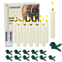 Load image into Gallery viewer, IMAGE 12Pcs LED Taper Candles Light Set, 5.3 inches Dripping Flameless 3D Wick Ivory Candles with Clip-on Christmas Tree Design, 10-Key Remote with Timer, Warm White Light, Battery Operated for Versatile Decoration