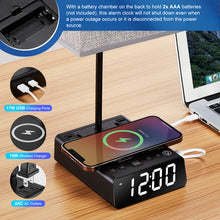Load image into Gallery viewer, 3-in-1 Table Lamp Bedside Lamp with Wireless Charger USB Ports and AC Power Outlets Alarm Clock for Bedrooms Living Room