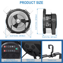 Load image into Gallery viewer, Rechargeable Outdoor Camping Fan 8000mAh Battery Powered Tent Fan with LED Light & Hook, Portable for Picnics, BBQ, Fishing, Travel, Construction