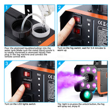 Load image into Gallery viewer, HAKUTA 500W Smoke Machine Light Rain and Splash Proof Fog Machine, with 2300 CFM Output of Fog & 2 Remotes, 8 LED Lights with 4 Light Effects for Outdoor Music Festival Pool Party Wedding DJ Stage