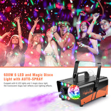 Load image into Gallery viewer, HAKUTA Fog Machine, 600W Smoke Machine with Disco Ball Light and LED RGB Lights, 2300 CFM Spray with Auto Spray Function, Great for Halloween, Christmas, Wedding, Stage Performance and Parties