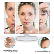 Load image into Gallery viewer, Vanity Makeup Mirror Trifold 22 LED Lighted Touch Screen 1x 2x 3x 10x Magnifying