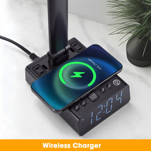 Load image into Gallery viewer, IMAGE LED Desk Lamp with Wireless Charging, Adjustable Brightness & Foldable Design, Touch Control, USB Charging Port, Dual Alarm Clock and Time Display – Multi-Function Table Lamp for Home, Office, Dorm, or Bedside