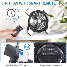 Load image into Gallery viewer, Rechargeable Outdoor Camping Fan 8000mAh Battery Powered Tent Fan with LED Light & Hook, Portable for Picnics, BBQ, Fishing, Travel, Construction