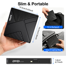 Load image into Gallery viewer, AGPTEK External USB 3.0 CD DVD Drive External CD DVD +/-RW Drive for Laptop Mac PC with 2-in-1 USB-A USB-C Cable, Plug and Play, Supports CD/DVD Read Write, Compact Portable Design