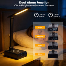 Load image into Gallery viewer, IMAGE LED Desk Lamp with Wireless Charging, Adjustable Brightness & Foldable Design, Touch Control, USB Charging Port, Dual Alarm Clock and Time Display – Multi-Function Table Lamp for Home, Office, Dorm, or Bedside