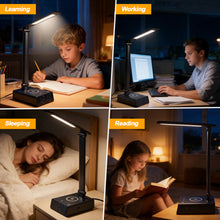 Load image into Gallery viewer, IMAGE LED Desk Lamp with Wireless Charging, Adjustable Brightness & Foldable Design, Touch Control, USB Charging Port, Dual Alarm Clock and Time Display – Multi-Function Table Lamp for Home, Office, Dorm, or Bedside