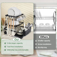 Load image into Gallery viewer, Dish Drying Rack, Dish Rack, Dish Racks for Kitchen Counter, Dish Drainer, Cup Holder for Dishes, Knives, Spoons, Forks, Removable Utensil Holder, with Drainboard and Swivel Water Outlet (Black, 3 Tier)