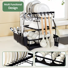 Load image into Gallery viewer, Dish Drying Rack, Dish Rack, Dish Racks for Kitchen Counter, Dish Drainer, Cup Holder for Dishes, Knives, Spoons, Forks, Removable Utensil Holder, with Drainboard and Swivel Water Outlet (Black, 3 Tier)