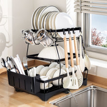 Load image into Gallery viewer, Dish Drying Rack, Dish Rack, Dish Racks for Kitchen Counter, Dish Drainer, Cup Holder for Dishes, Knives, Spoons, Forks, Removable Utensil Holder, with Drainboard and Swivel Water Outlet (Black, 3 Tier)