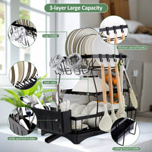 Load image into Gallery viewer, Dish Drying Rack, Dish Rack, Dish Racks for Kitchen Counter, Dish Drainer, Cup Holder for Dishes, Knives, Spoons, Forks, Removable Utensil Holder, with Drainboard and Swivel Water Outlet (Black, 3 Tier)