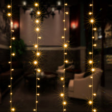 Load image into Gallery viewer, IMAGE 9.8x9.8 Feet Warm White Solar Curtain Lights 8 Modes Solar String Lights for Wedding Party Home Decoration