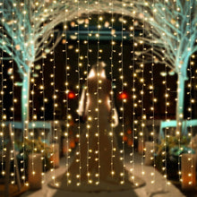 Load image into Gallery viewer, IMAGE 9.8x9.8 Feet Warm White Solar Curtain Lights 8 Modes Solar String Lights for Wedding Party Home Decoration