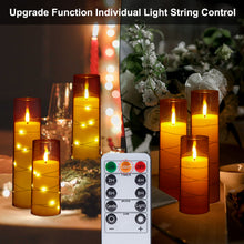 Load image into Gallery viewer, Flickering Flameless Candles Battery Operated, Acrylic Shell Pillar 3D Wick LED Candles with 11-Key Remote Control Timer for Wedding Christmas Home Decor Set of 5, Gold