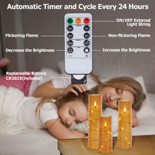 Load image into Gallery viewer, Flickering Flameless Candles Battery Operated, Acrylic Shell Pillar 3D Wick LED Candles with 11-Key Remote Control Timer for Wedding Christmas Home Decor Set of 5, Gold