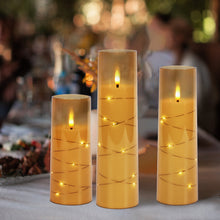 Load image into Gallery viewer, Flickering Flameless Candles Battery Operated, Acrylic Shell Pillar 3D Wick LED Candles with 11-Key Remote Control Timer for Wedding Christmas Home Decor Set of 5, Gold