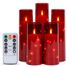 Load image into Gallery viewer, Flickering Flameless Candles Battery Operated, Acrylic Shell Pillar 3D Wick LED Candles with 11-Key Remote Control Timer for Wedding Christmas Home Decor Set of 5, Red