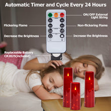 Load image into Gallery viewer, Flickering Flameless Candles Battery Operated, Acrylic Shell Pillar 3D Wick LED Candles with 11-Key Remote Control Timer for Wedding Christmas Home Decor Set of 5, Red