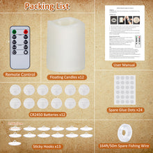 Load image into Gallery viewer, 12 Pack 1.5×2 Inch Floating Candles with Remote Timer Tea Lights Battery Operated, 250+ Hours Long-Lasting Hanging Candles for Wedding Home Decor Birthday Gifts, Warm White