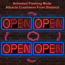 Load image into Gallery viewer, FITNATE Neon Open Sign for Business,21.5x9.5inch Ultra Bright LED Open Sign, With Remote Controller, On/OFF Button, Flashing & Steady Light Mode(Blue/Red), High Lumen&Long Power Cord