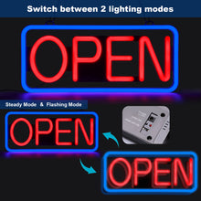 Load image into Gallery viewer, FITNATE Neon Open Sign for Business,21.5x9.5inch Ultra Bright LED Open Sign, With Remote Controller, On/OFF Button, Flashing & Steady Light Mode(Blue/Red), High Lumen&Long Power Cord