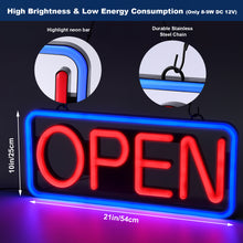 Load image into Gallery viewer, FITNATE Neon Open Sign for Business,21.5x9.5inch Ultra Bright LED Open Sign, With Remote Controller, On/OFF Button, Flashing & Steady Light Mode(Blue/Red), High Lumen&Long Power Cord