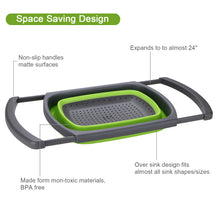 Load image into Gallery viewer, HK Over The Sink Collapsible Colander Kitchen Food Strainer 6-quart Capacity Strainers and Colanders with Extendable Handles Ideal For Washing Fruits, Vegetable, etc. BPA Free (Green)